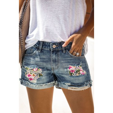 Sky Blue Floral Leopard Patchwork Ripped Denim Shorts Sky Blue Floral Leopard Patchwork Ripped Denim Shorts