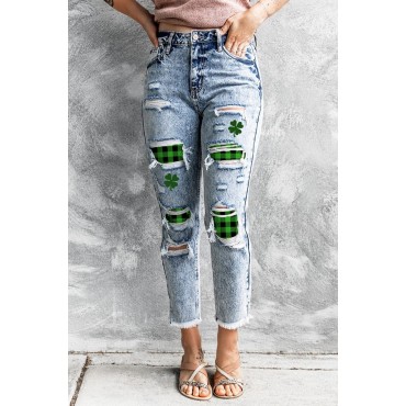 Sky Blue Faded Washed Green Plaid Clover Distressed Skinny Jeans Sky Blue Faded Washed Green Plaid Clover Distressed Skinny Jeans
