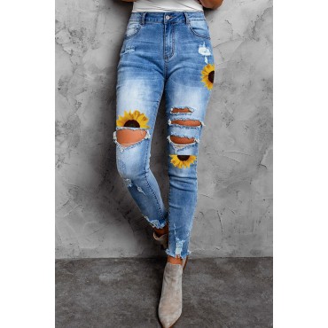 Sky Blue Sunflower Print Skinny Fit High Waist Distressed Jeans Sky Blue Sunflower Print Skinny Fit High Waist Distressed Jeans