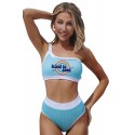 Sky Blue Letter Graphic Print Ribbed One Shoulder High Waist Bikini Swimsuit